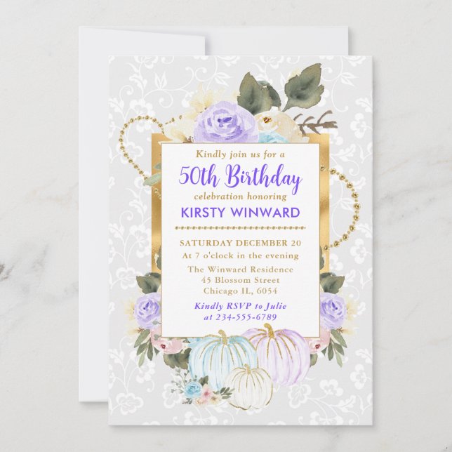 Watercolor Floral Fall Pumpkins 50th Birthday Invitation (Front)