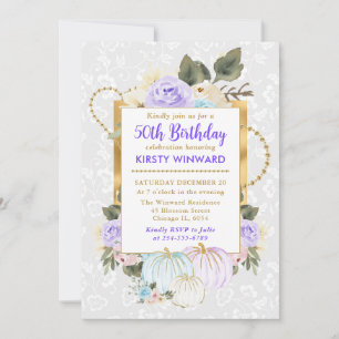 Watercolor Floral Fall Pumpkins 50th Birthday Invitation