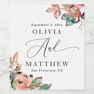 Watercolor Floral Fall Wedding   Elegant Rustic Wine Label