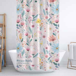 Watercolor floral family name personalised pink shower curtain