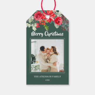 Watercolor Floral Family Photo Christmas Gift Tag