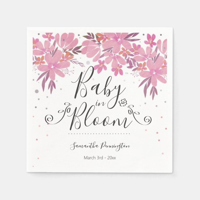 Watercolor Floral Fancy Script Baby in Bloom Napkin (Front)