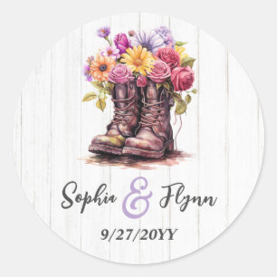 Watercolor Floral Farm Boots & Barn Wood Wedding Classic Round Sticker