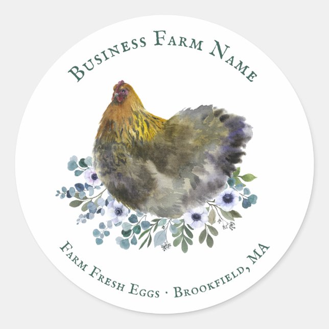Watercolor Floral Farm Chicken Classic Round Sticker (Front)