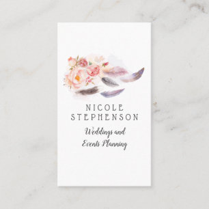 Watercolor Floral Feathers Bohemian Business Card