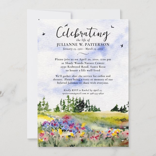 Watercolor Floral Field Celebration of Life Photo Invitation (Front)