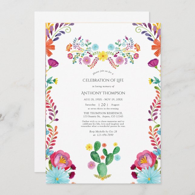 Watercolor Floral Fiesta Celebration of Life Invitation (Front/Back)