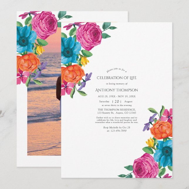 Watercolor Floral Fiesta Celebration of Life Invitation (Front/Back)