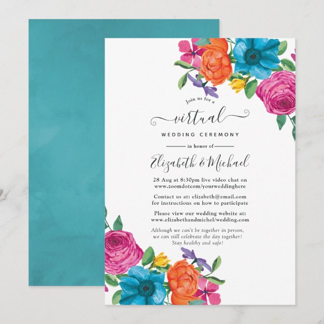 Watercolor Floral Fiesta Online Virtual Wedding Invitation (Front/Back)
