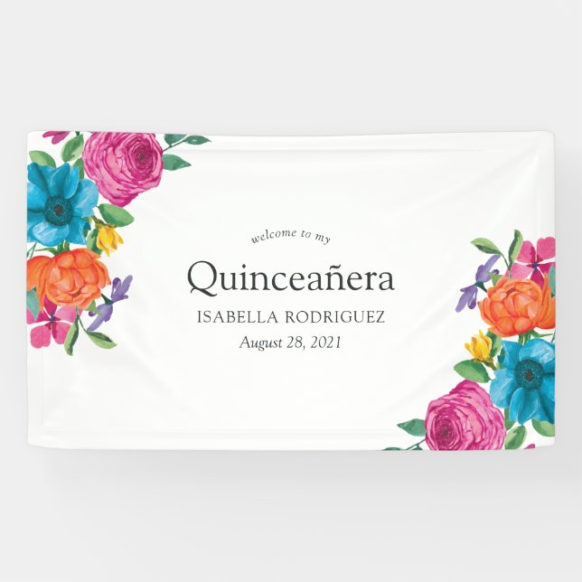 Watercolor Floral Fiesta Quinceañera Banner (Horizontal)