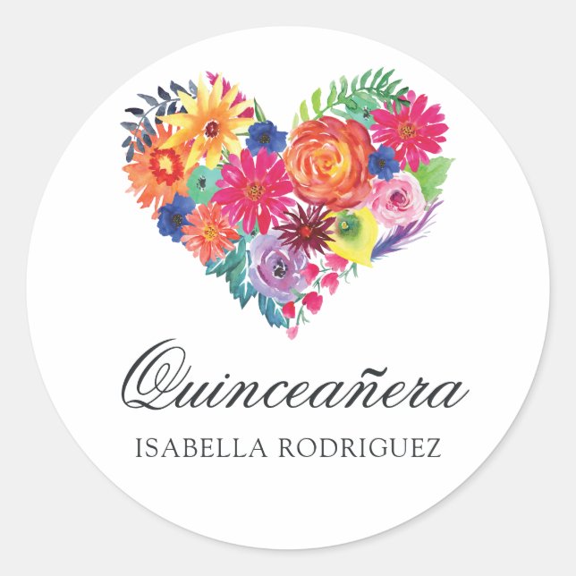 Watercolor Floral Fiesta Quinceañera Classic Round Sticker (Front)