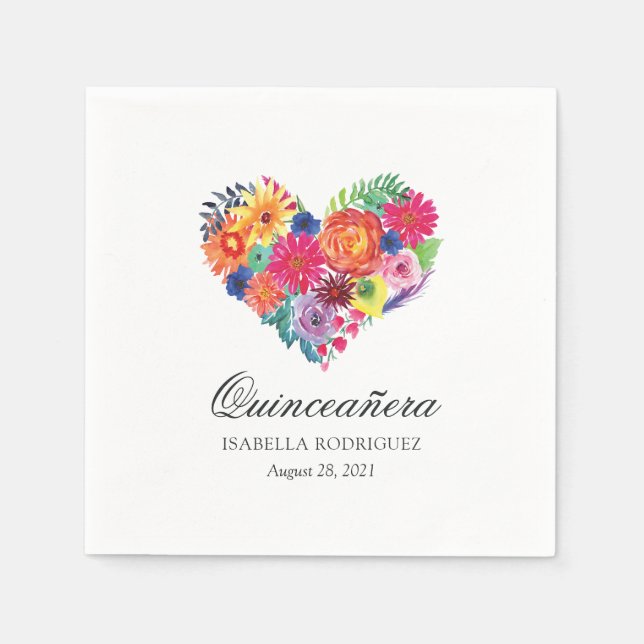Watercolor Floral Fiesta Quinceañera Napkin (Front)