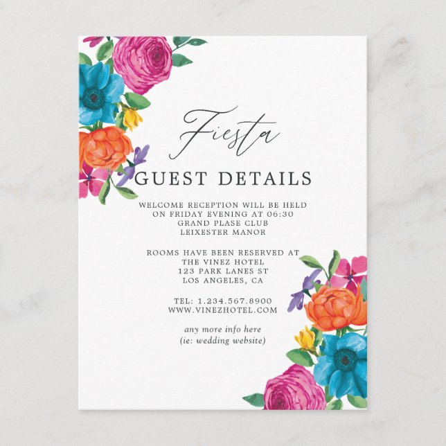 Watercolor Floral Fiesta Wedding Guest Details Enclosure Card (Front)