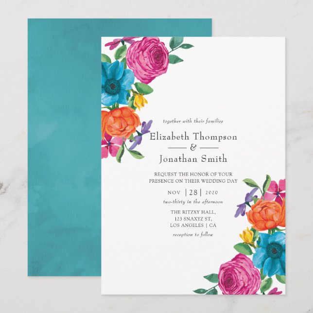 Watercolor Floral Fiesta Wedding Invitation (Front/Back)