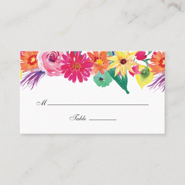 Watercolor Floral Fiesta Wedding Place Card (Front)