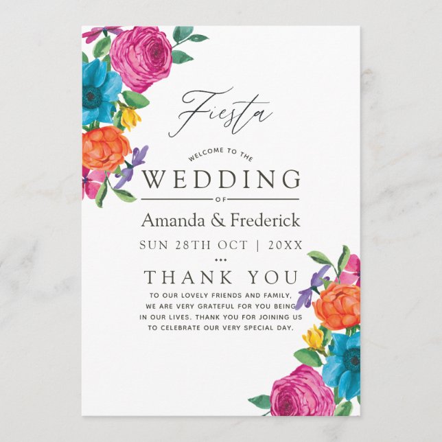Watercolor Floral Fiesta Wedding Programme (Front)