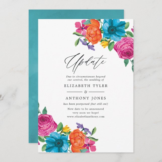 Watercolor Floral Fiesta Wedding Update Invitation (Front/Back)