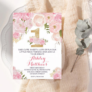 Watercolor Floral First Birthday Invitation