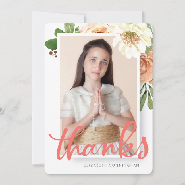 Watercolor Floral First Communion Thank You Card (Front)