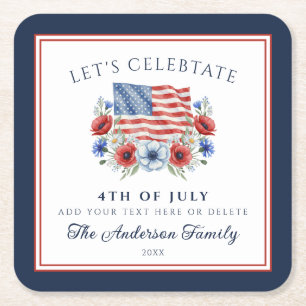 Watercolor Floral Flag 4th of July USA Patriotic Square Paper Coaster