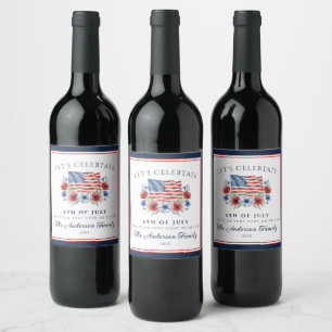 Watercolor Floral Flag 4th of July USA Patriotic Wine Label
