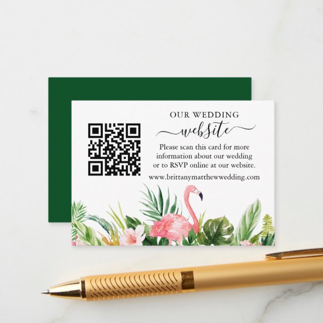 Watercolor Floral Flamingo Wedding Website QR Enclosure Card (Front/Back In Situ)