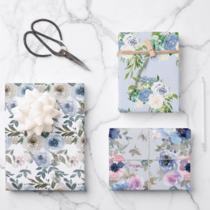 Watercolor Floral Flower Pattern Dusty Blue  Wrapping Paper Sheet