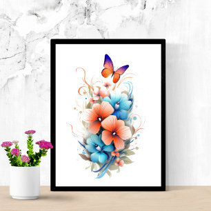 Watercolor Floral Flowers Butterflies Blue Orange  Poster
