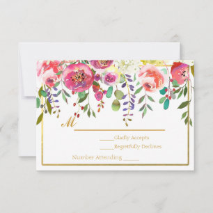 Watercolor Floral Flowers Modern Gold Wedding RSVP Card