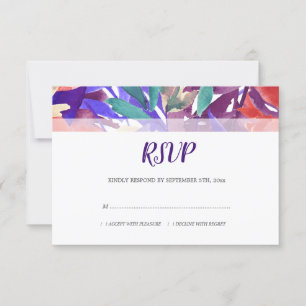 Watercolor Floral Foliage Coral Purple Wedding RSVP Card