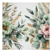 Watercolor Floral Foliage Green Pink Gold Accents 