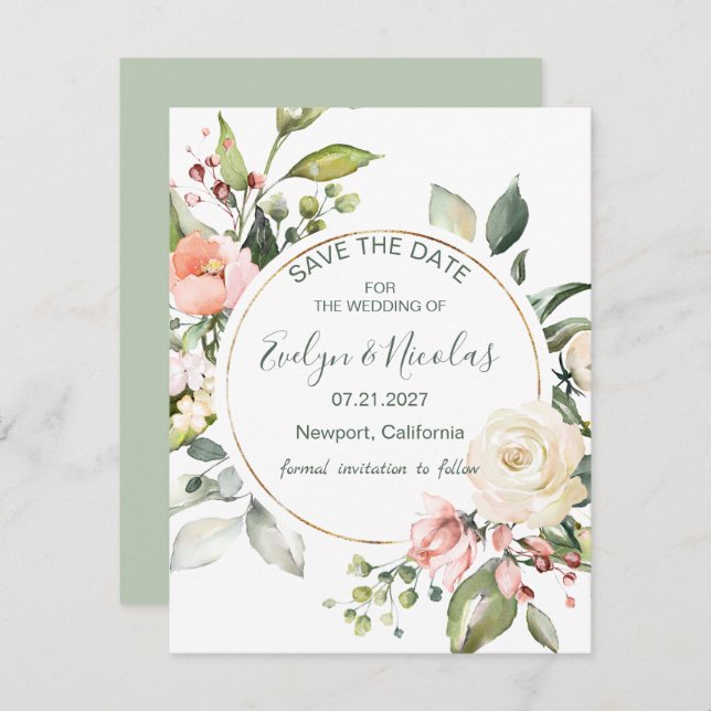 Watercolor floral, foliage Save the Date Invitation (Front/Back)