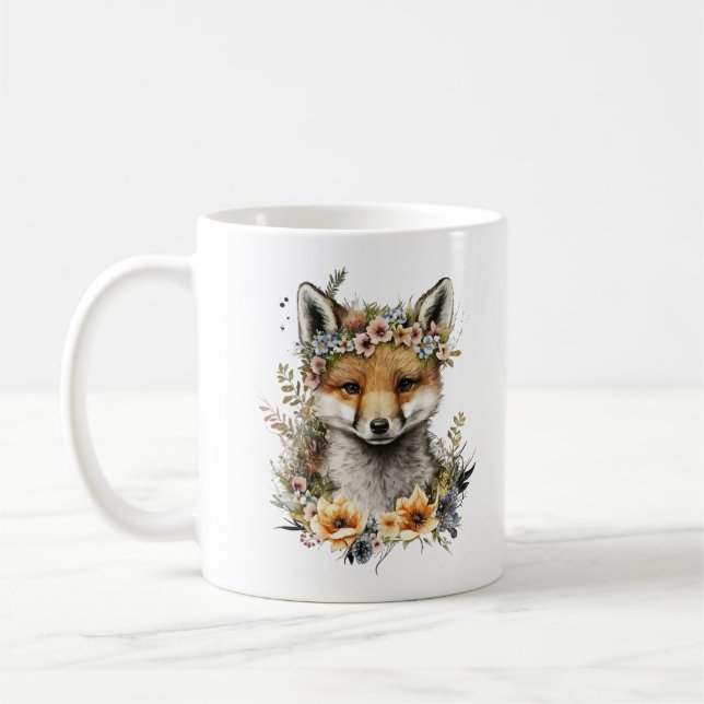 Watercolor Floral Fox Cute Coffee Mug (Left)