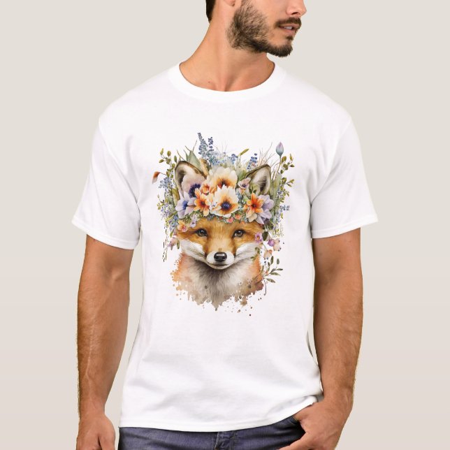 Watercolor Floral Fox Cute T-Shirt (Front)