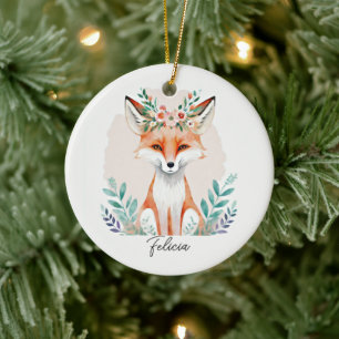 Watercolor floral fox personalised ceramic tree decoration
