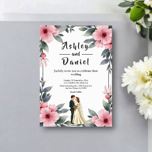 Watercolor Floral Frame Bride And Groom Wedding Invitation