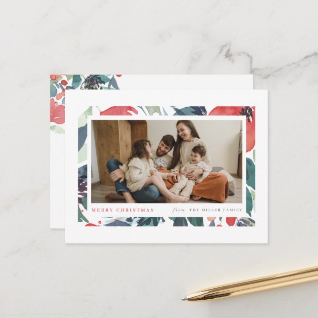 Watercolor Floral Frame Holiday Photo Postcard (Front/Back In Situ)