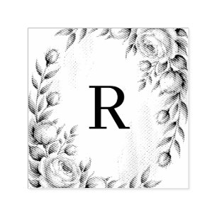 Watercolor Floral Frame with Custom Initial Self-inking Stamp