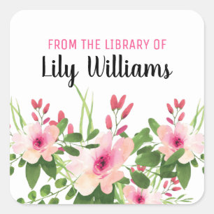 Watercolor Floral From The Library Of  Bookplate Square Sticker