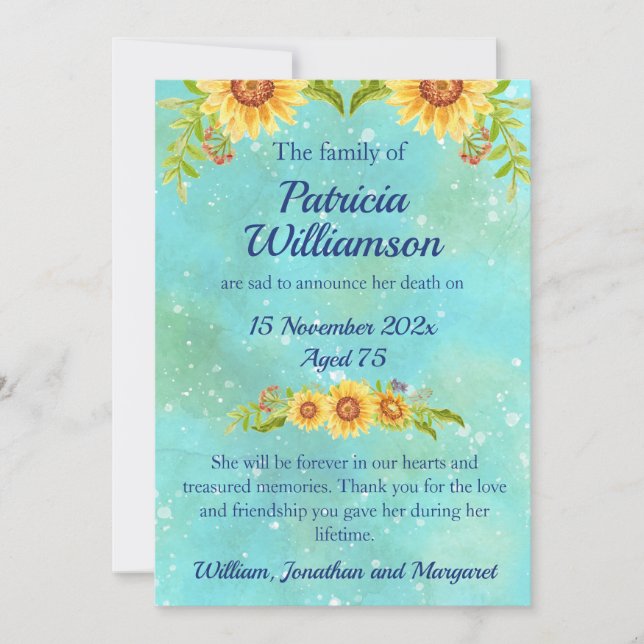 Watercolor Floral Funeral Death Notice Blue  Announcement (Front)