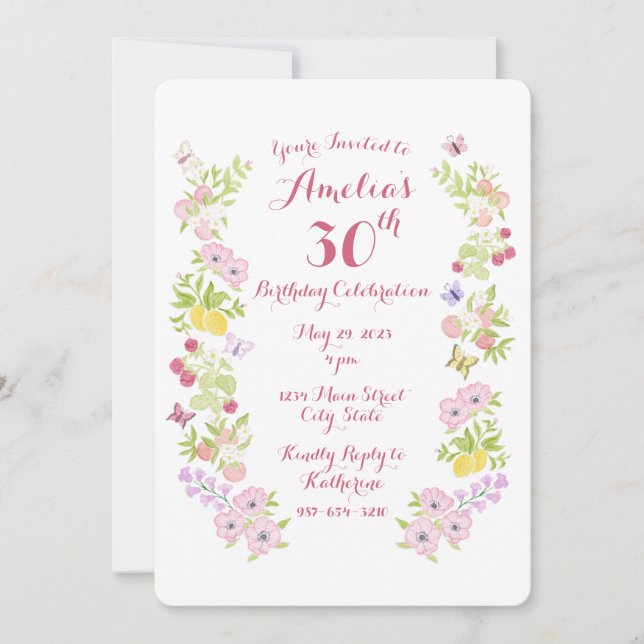 Watercolor Floral Garden Birthday Party Invitation (Front)