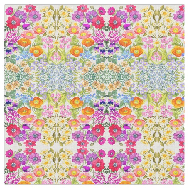 Watercolor Floral Garden Combed Cotton Fabric (Close Up)