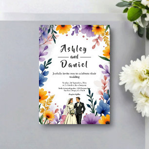 Watercolor Floral Garden Couple Summer Wedding Invitation
