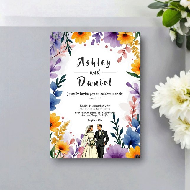 Watercolor Floral Garden Couple Summer Wedding Invitation (Creator Uploaded)
