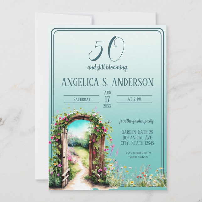 Watercolor floral garden light Teal 50th Birthday  Invitation (Front)