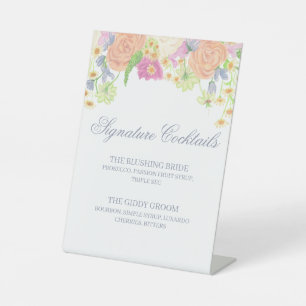 Watercolor Floral Garden Party Cocktail Menu Pedestal Sign