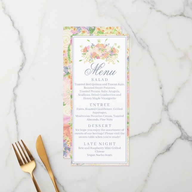 Watercolor Floral Garden Party Crest Menu (Front/Back In Situ)