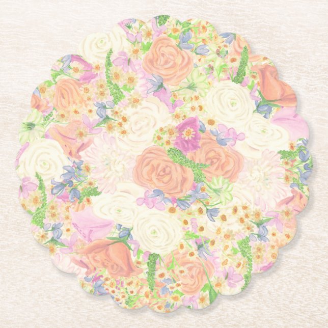 Watercolor Floral Garden Party Crest Paper Coaster (Front)