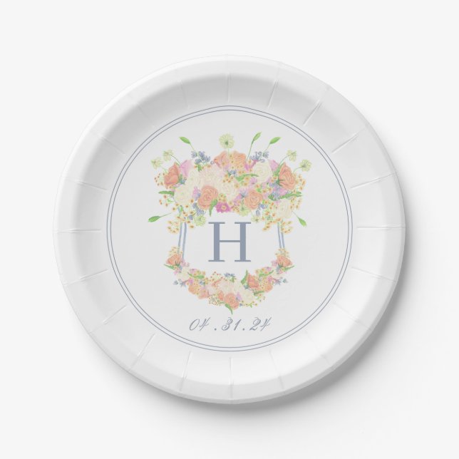 Watercolor Floral Garden Party Crest Paper Plate (Front)