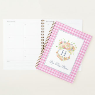 Watercolor Floral Garden Party Crest Pink Gingham Planner